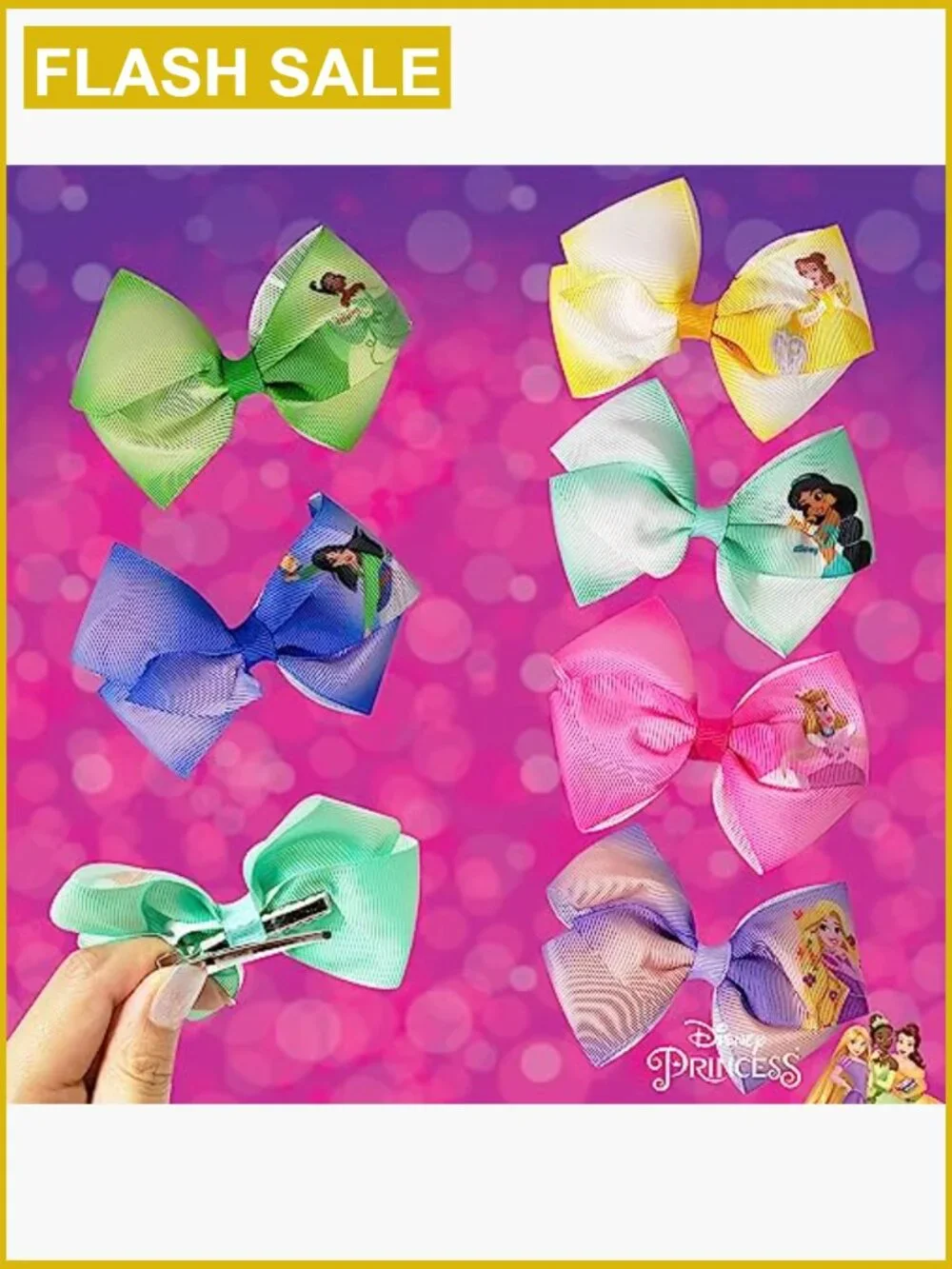 Girls Hair Bows Set 7 Piece Alligator Clips Disney Princess